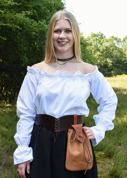 Carmen-pusero, röyhelökaulus ja puuvilla, valkoinen